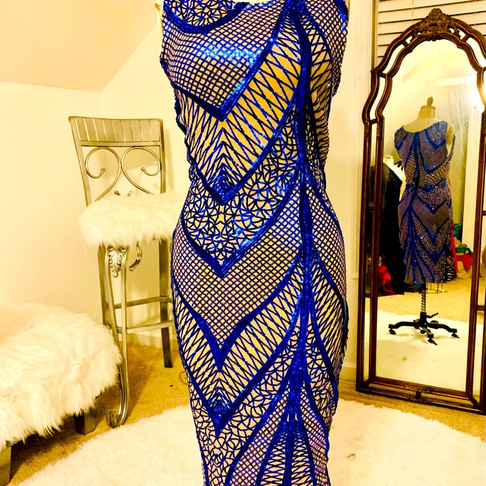 Blue/Nude Designer Custom BodyCon Sequin MIDI Dress - Picture 3 of 3